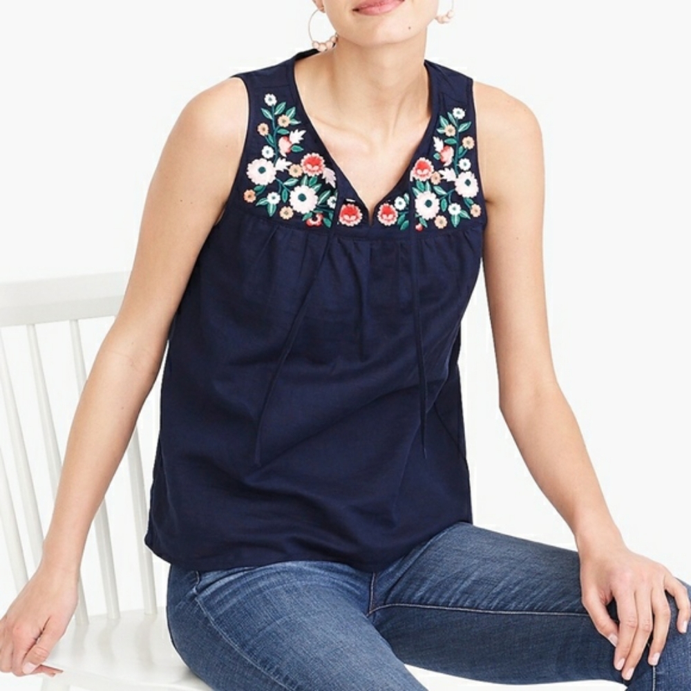 NWT J Crew Embroidery Tie Neck Top Navy Floral